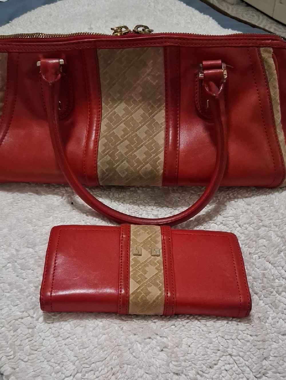 L.A.M.B. Matching Red and Beige Logo-Accent Leather Bag & Wallet - Picture 2 of 16